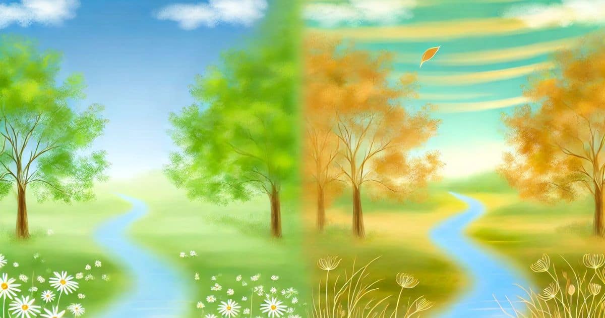 a peaceful landscape divided into two seasons. On the left, green trees and blooming flowers represent spring or summer, full of life.